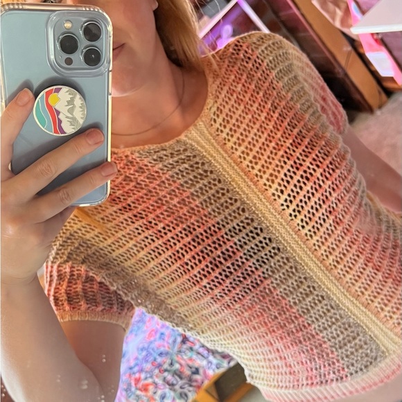 Crochet pull over sweater short sleeve BoHo pastel knit pink top shirt small - Picture 3 of 4